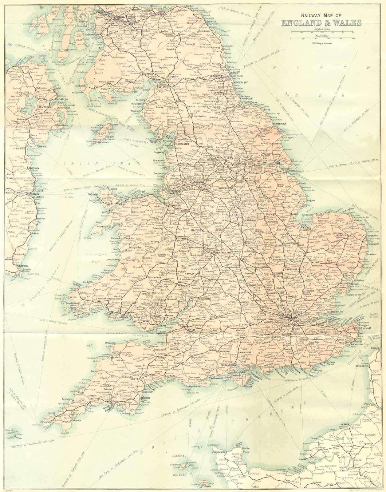 ENGLAND. Railway map of England Wales 1924 old antique vintage plan chart